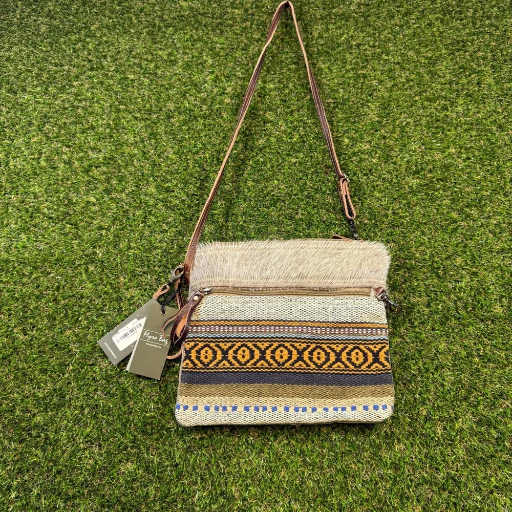 Myra Bag Hair-On-Hide Woven Canvas Crossbody Bag Small Boho Southwestern New